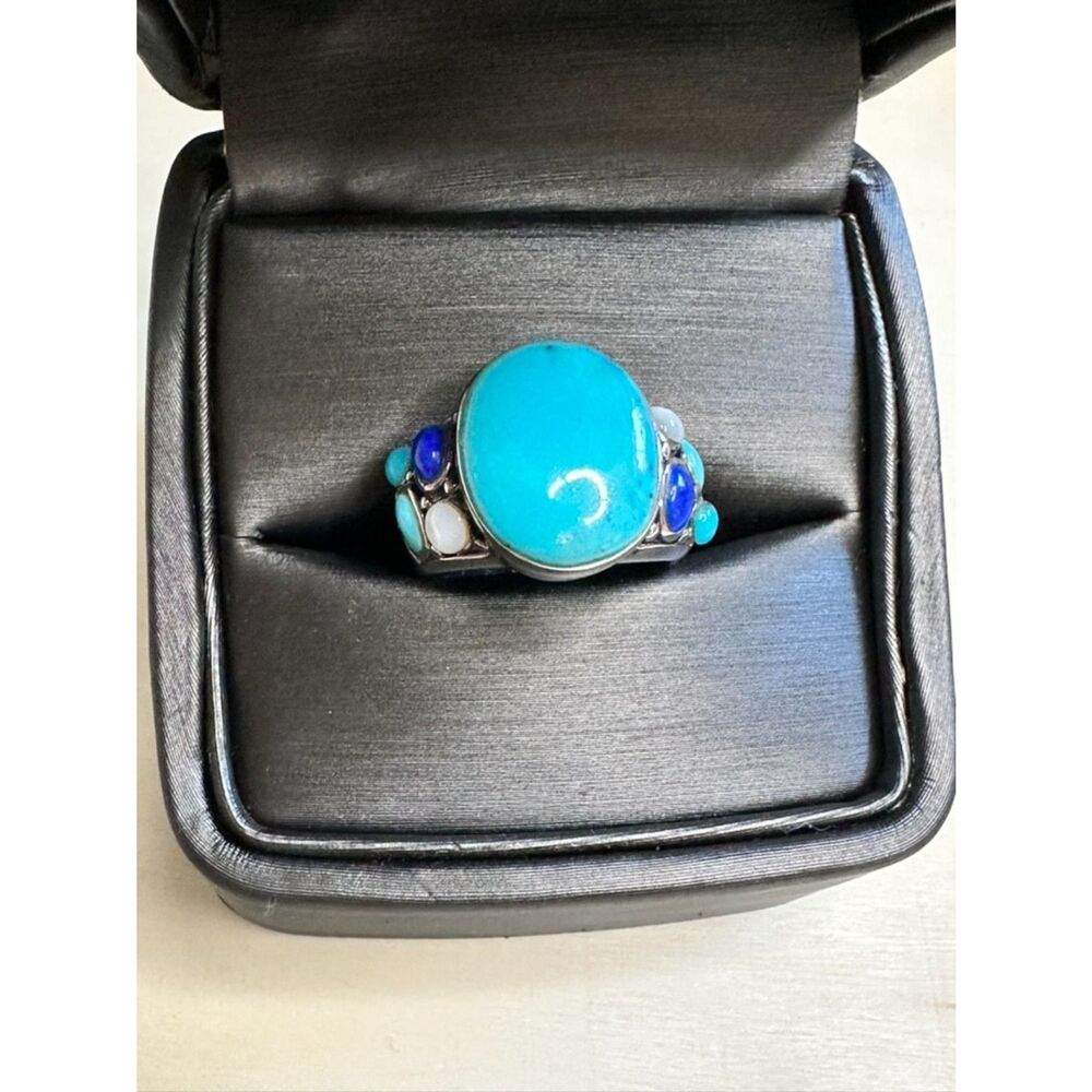 Beautiful Artisan Turquoise Lapis Mother of Pearl Sterling Silver Ring, Size 6 - Picture 10 of 10